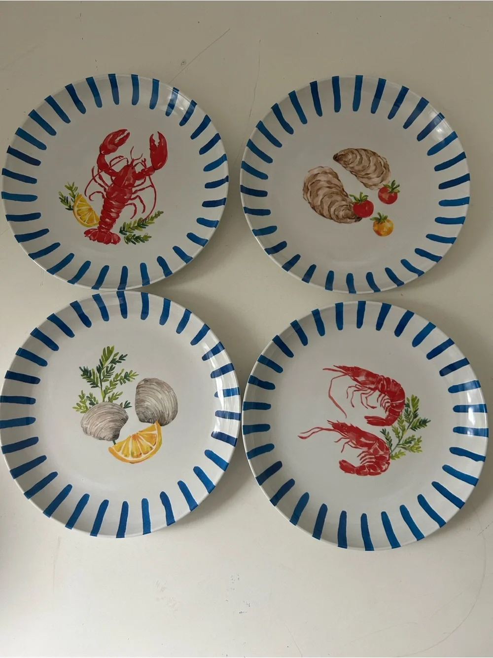 4 NEW Coastal Blue-Trim White Lobster Melamine Salad Plates